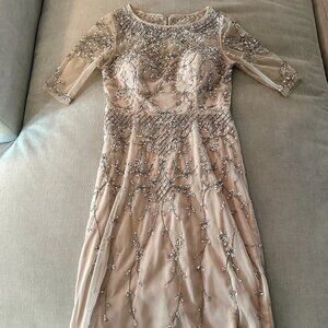 Adrianna Papell cream silver sequin beaded 3/4 sleeve knee length cocktail dress